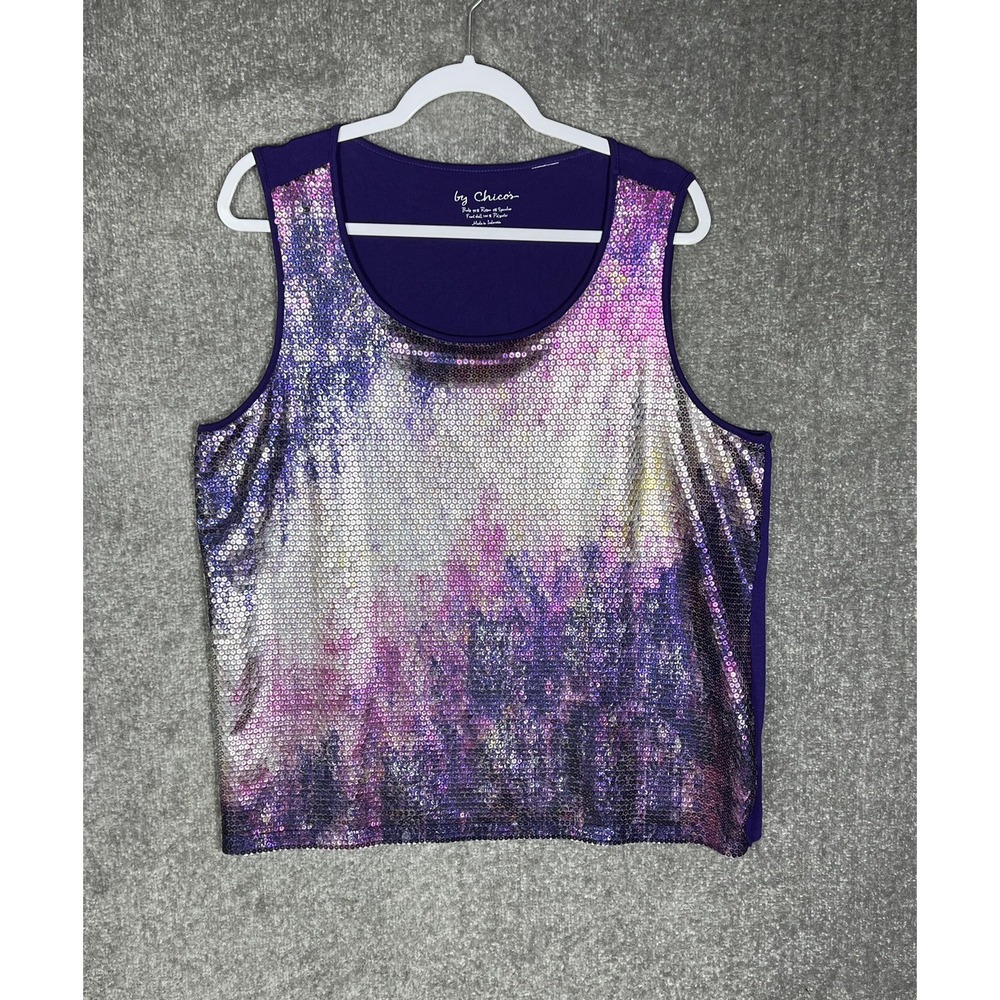 By Chicos Sequin Tank Top Womens US Size XL (16) Purple Pink Stretch Scoop Neck